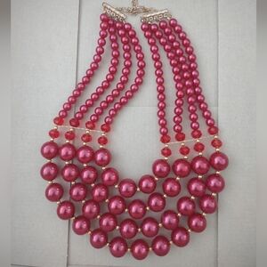 Multi-strand Layered Chunky Classic Elegant Heavy Red Faux Pearl Necklace
